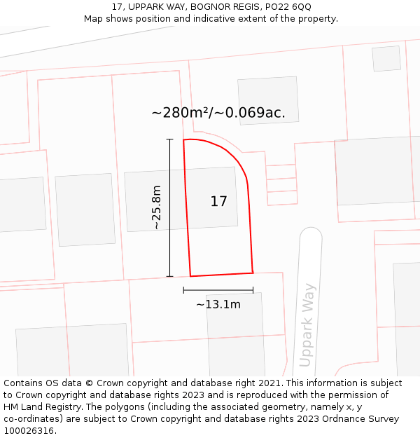 17, UPPARK WAY, BOGNOR REGIS, PO22 6QQ: Plot and title map