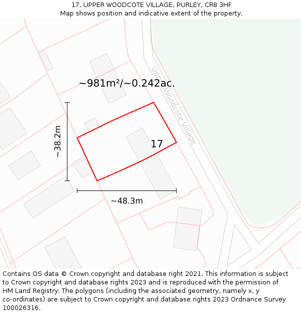 17, UPPER WOODCOTE VILLAGE, PURLEY, CR8 3HF: Plot and title map