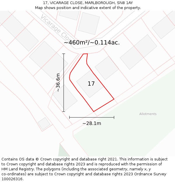17, VICARAGE CLOSE, MARLBOROUGH, SN8 1AY: Plot and title map