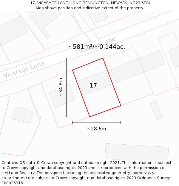 17, VICARAGE LANE, LONG BENNINGTON, NEWARK, NG23 5DN: Plot and title map