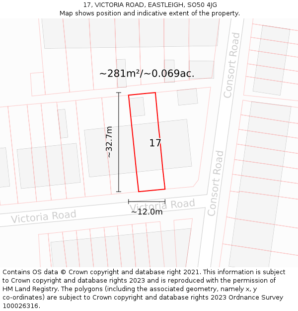 17, VICTORIA ROAD, EASTLEIGH, SO50 4JG: Plot and title map