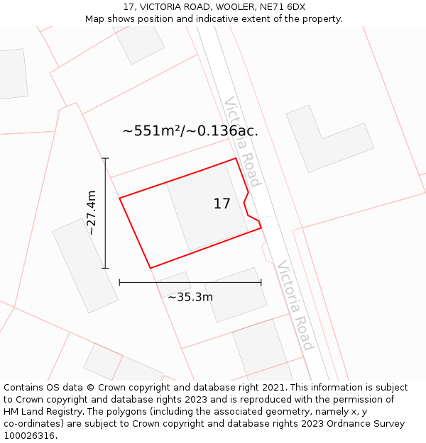 17, VICTORIA ROAD, WOOLER, NE71 6DX: Plot and title map