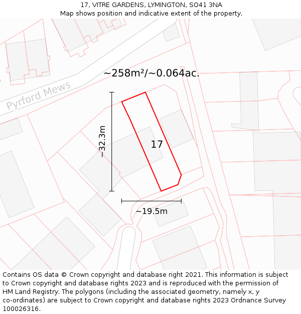 17, VITRE GARDENS, LYMINGTON, SO41 3NA: Plot and title map