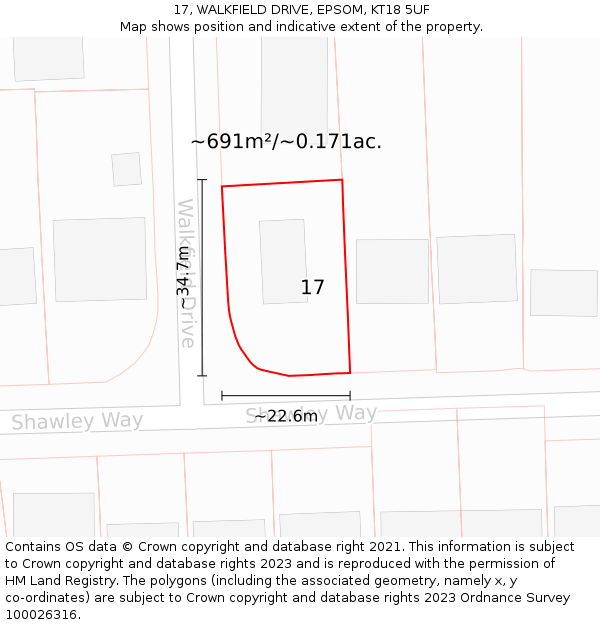 17, WALKFIELD DRIVE, EPSOM, KT18 5UF: Plot and title map