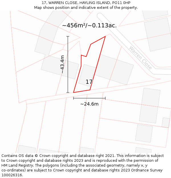 17, WARREN CLOSE, HAYLING ISLAND, PO11 0HP: Plot and title map