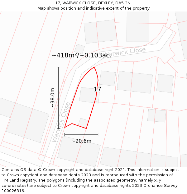 17, WARWICK CLOSE, BEXLEY, DA5 3NL: Plot and title map