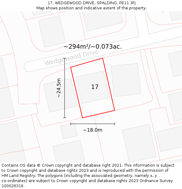 17, WEDGEWOOD DRIVE, SPALDING, PE11 3FJ: Plot and title map