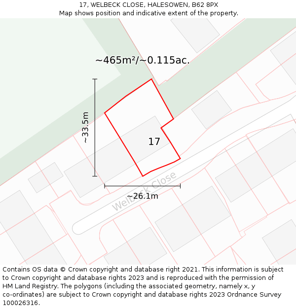 17, WELBECK CLOSE, HALESOWEN, B62 8PX: Plot and title map