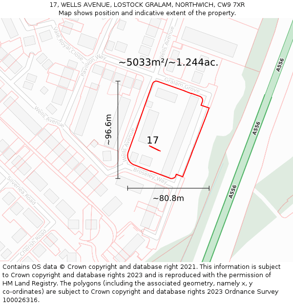 17, WELLS AVENUE, LOSTOCK GRALAM, NORTHWICH, CW9 7XR: Plot and title map