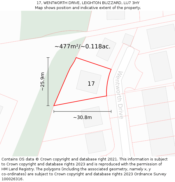 17, WENTWORTH DRIVE, LEIGHTON BUZZARD, LU7 3HY: Plot and title map