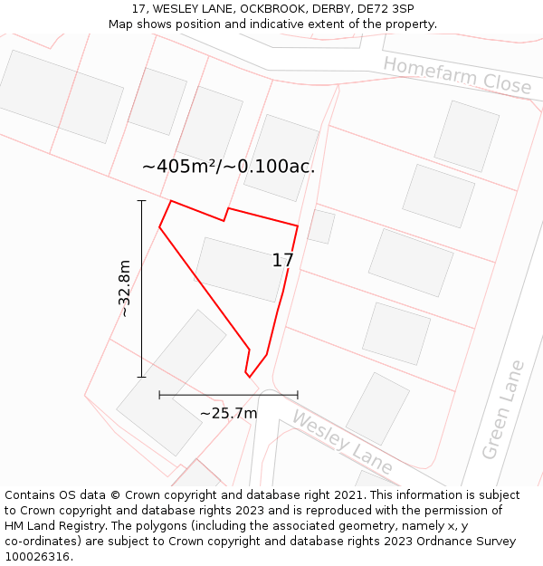 17, WESLEY LANE, OCKBROOK, DERBY, DE72 3SP: Plot and title map