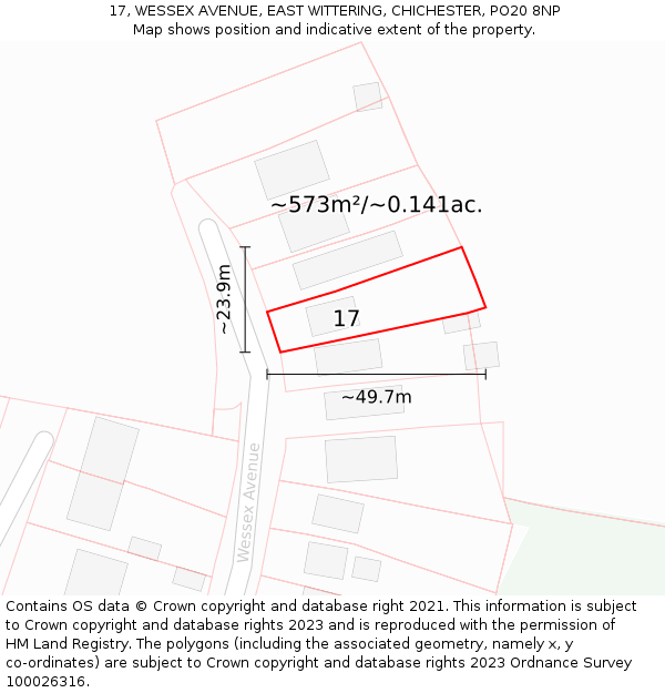 17, WESSEX AVENUE, EAST WITTERING, CHICHESTER, PO20 8NP: Plot and title map