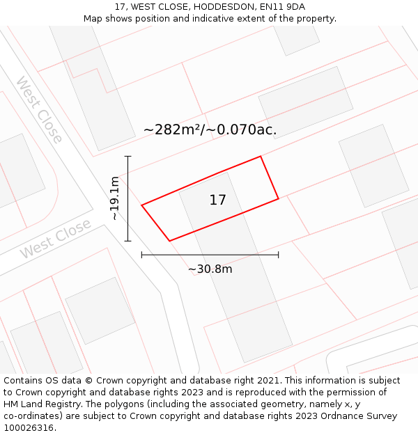 17, WEST CLOSE, HODDESDON, EN11 9DA: Plot and title map