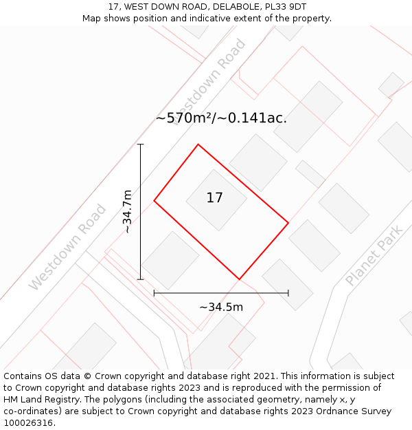 17, WEST DOWN ROAD, DELABOLE, PL33 9DT: Plot and title map