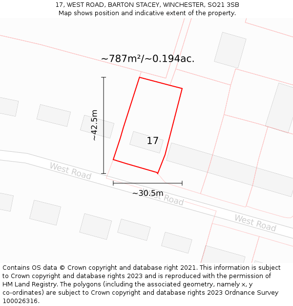 17, WEST ROAD, BARTON STACEY, WINCHESTER, SO21 3SB: Plot and title map