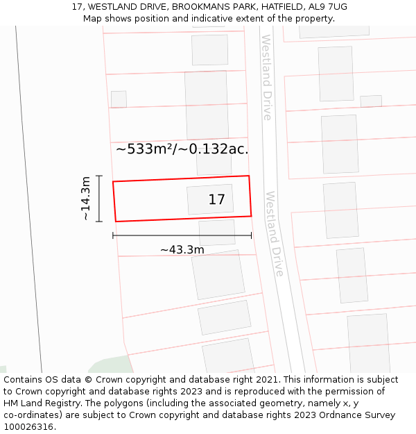 17, WESTLAND DRIVE, BROOKMANS PARK, HATFIELD, AL9 7UG: Plot and title map