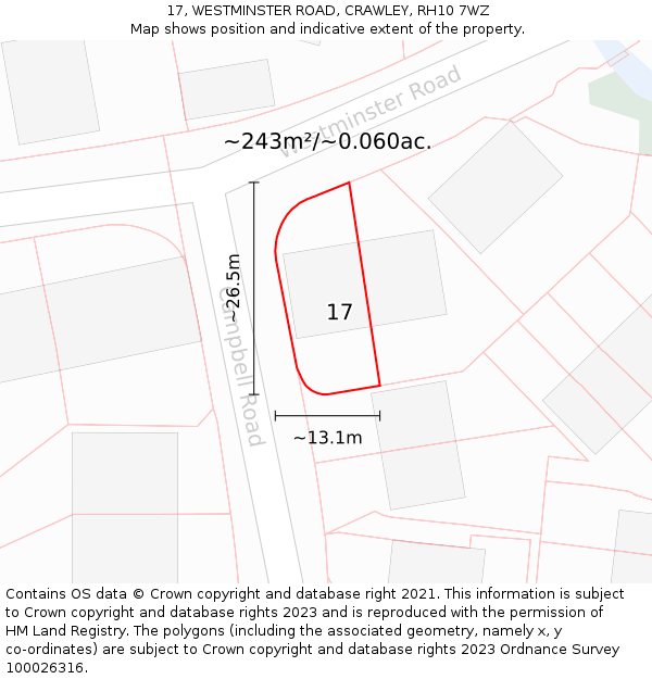 17, WESTMINSTER ROAD, CRAWLEY, RH10 7WZ: Plot and title map