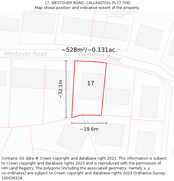 17, WESTOVER ROAD, CALLINGTON, PL17 7HD: Plot and title map