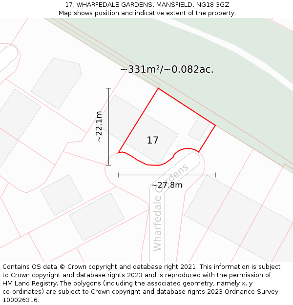 17, WHARFEDALE GARDENS, MANSFIELD, NG18 3GZ: Plot and title map