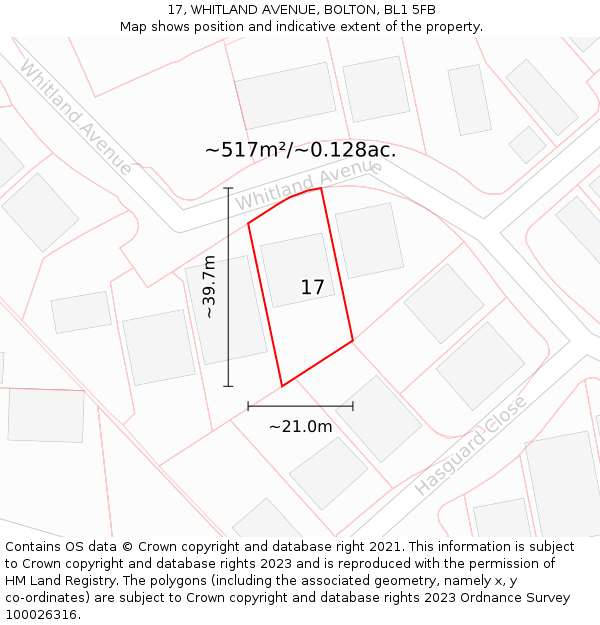 17, WHITLAND AVENUE, BOLTON, BL1 5FB: Plot and title map