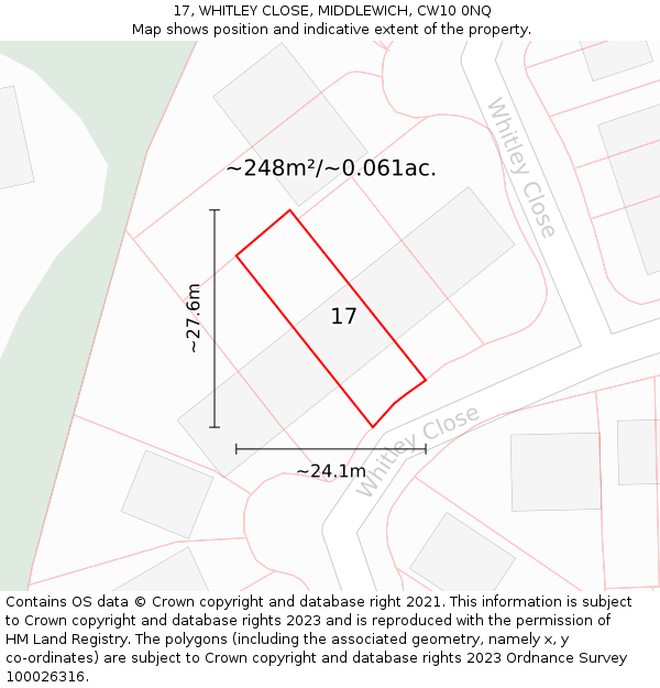 17, WHITLEY CLOSE, MIDDLEWICH, CW10 0NQ: Plot and title map