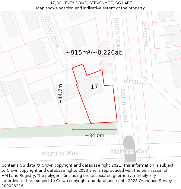 17, WHITNEY DRIVE, STEVENAGE, SG1 4BE: Plot and title map