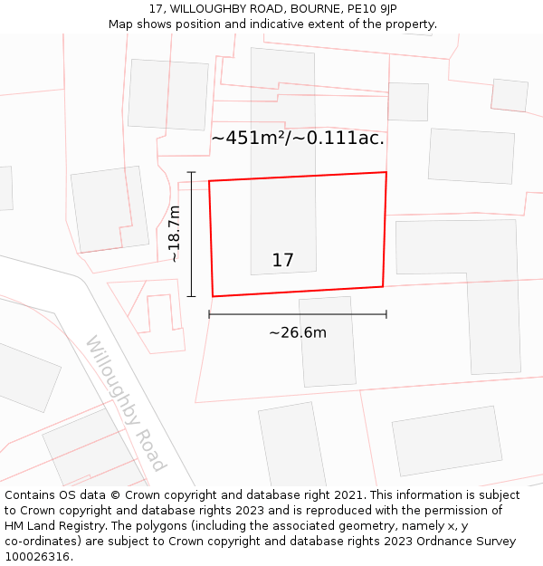 17, WILLOUGHBY ROAD, BOURNE, PE10 9JP: Plot and title map