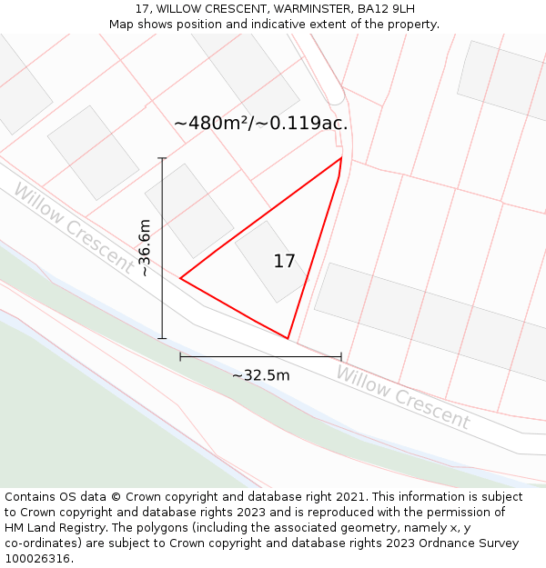 17, WILLOW CRESCENT, WARMINSTER, BA12 9LH: Plot and title map