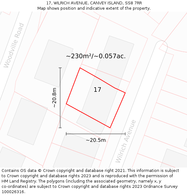 17, WILRICH AVENUE, CANVEY ISLAND, SS8 7RR: Plot and title map