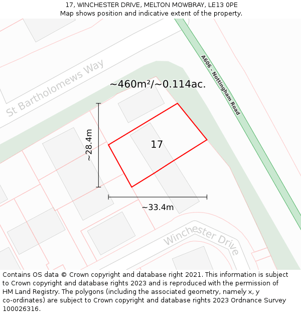 17, WINCHESTER DRIVE, MELTON MOWBRAY, LE13 0PE: Plot and title map