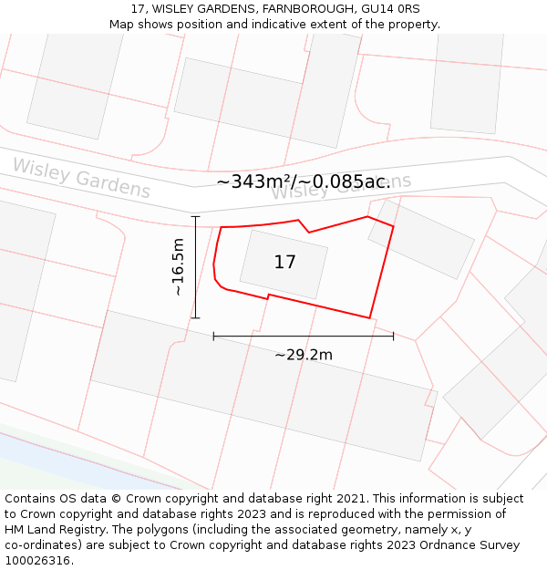 17, WISLEY GARDENS, FARNBOROUGH, GU14 0RS: Plot and title map