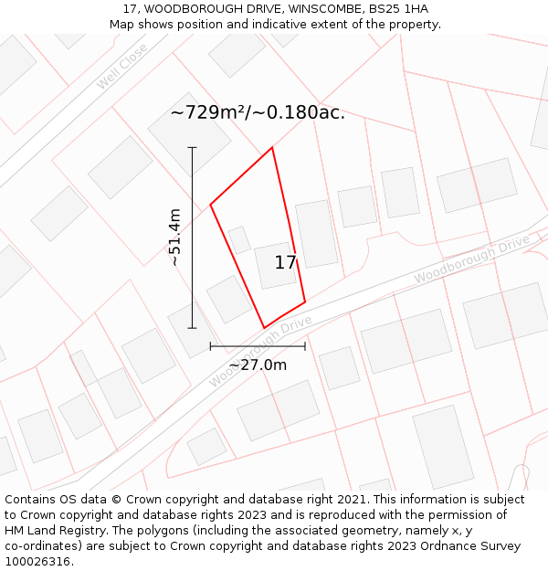 17, WOODBOROUGH DRIVE, WINSCOMBE, BS25 1HA: Plot and title map