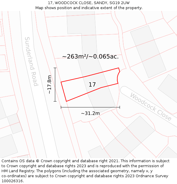 17, WOODCOCK CLOSE, SANDY, SG19 2UW: Plot and title map