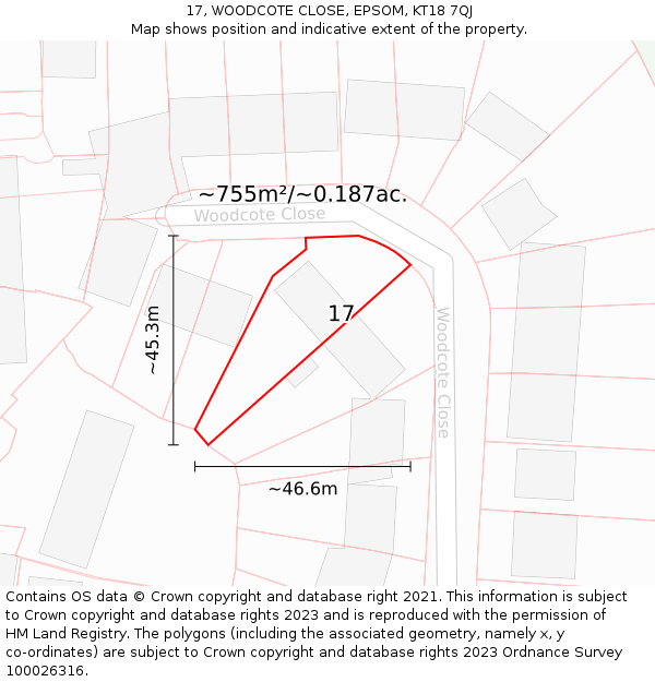 17, WOODCOTE CLOSE, EPSOM, KT18 7QJ: Plot and title map