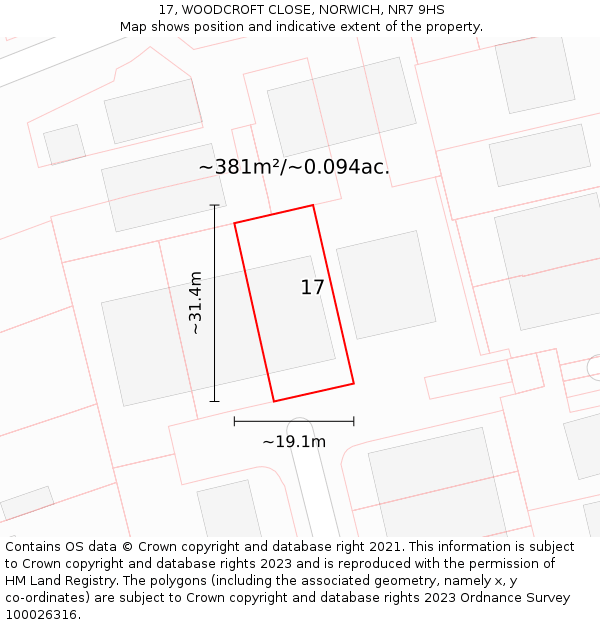 17, WOODCROFT CLOSE, NORWICH, NR7 9HS: Plot and title map