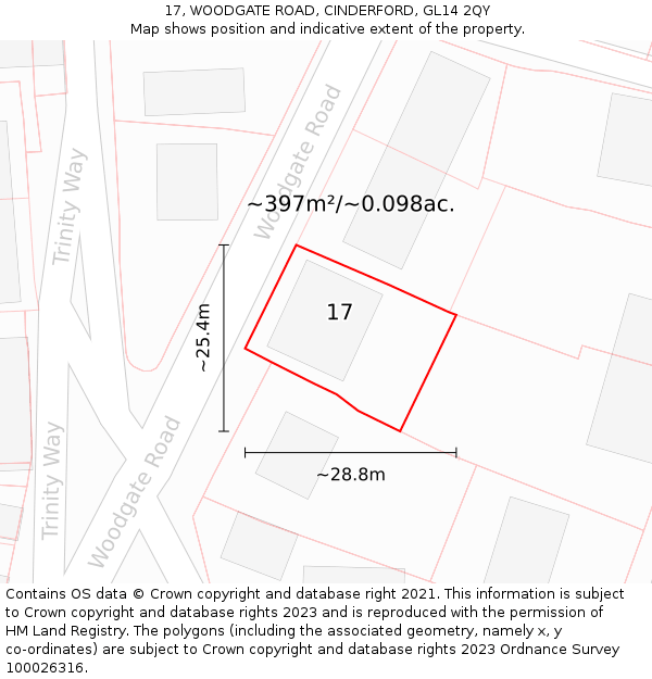 17, WOODGATE ROAD, CINDERFORD, GL14 2QY: Plot and title map