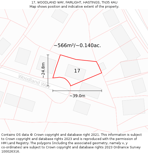 17, WOODLAND WAY, FAIRLIGHT, HASTINGS, TN35 4AU: Plot and title map