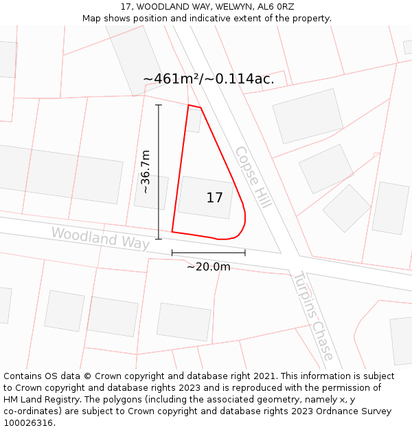 17, WOODLAND WAY, WELWYN, AL6 0RZ: Plot and title map