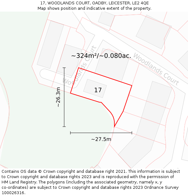17, WOODLANDS COURT, OADBY, LEICESTER, LE2 4QE: Plot and title map