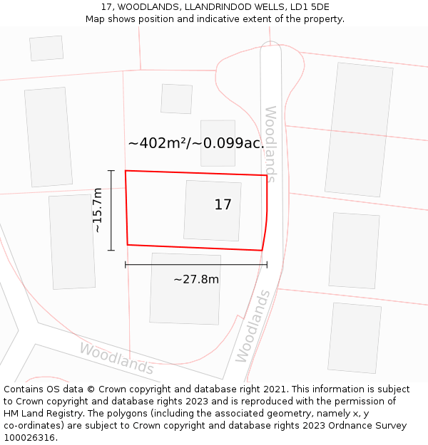 17, WOODLANDS, LLANDRINDOD WELLS, LD1 5DE: Plot and title map