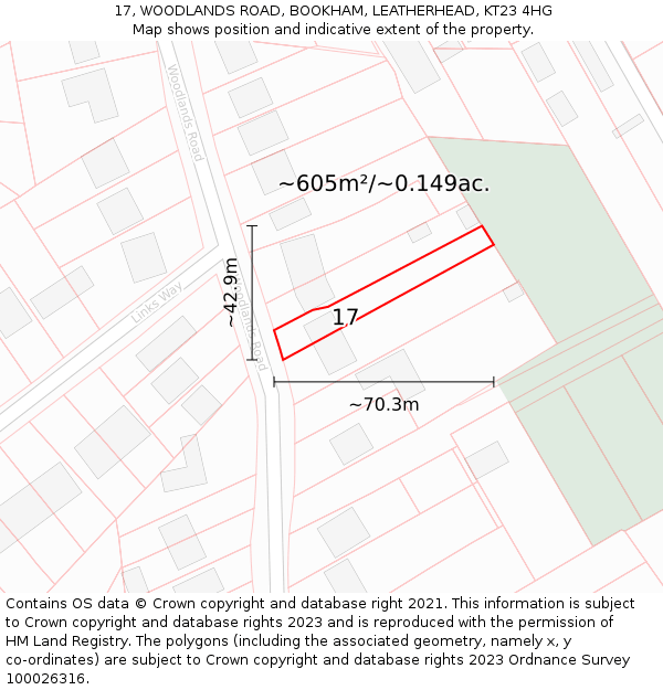 17, WOODLANDS ROAD, BOOKHAM, LEATHERHEAD, KT23 4HG: Plot and title map