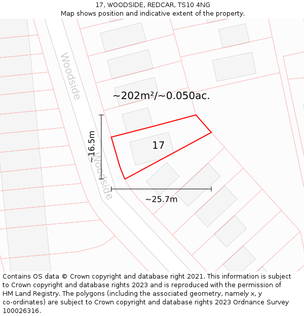 17, WOODSIDE, REDCAR, TS10 4NG: Plot and title map