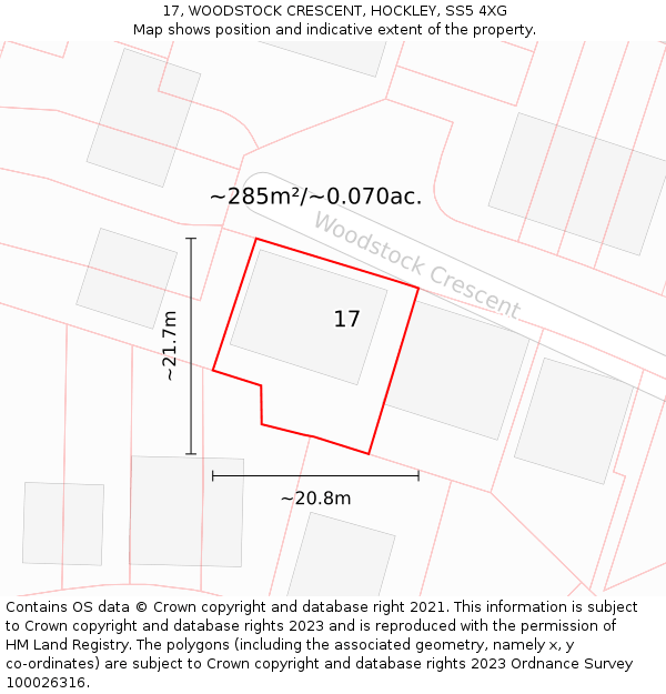 17, WOODSTOCK CRESCENT, HOCKLEY, SS5 4XG: Plot and title map