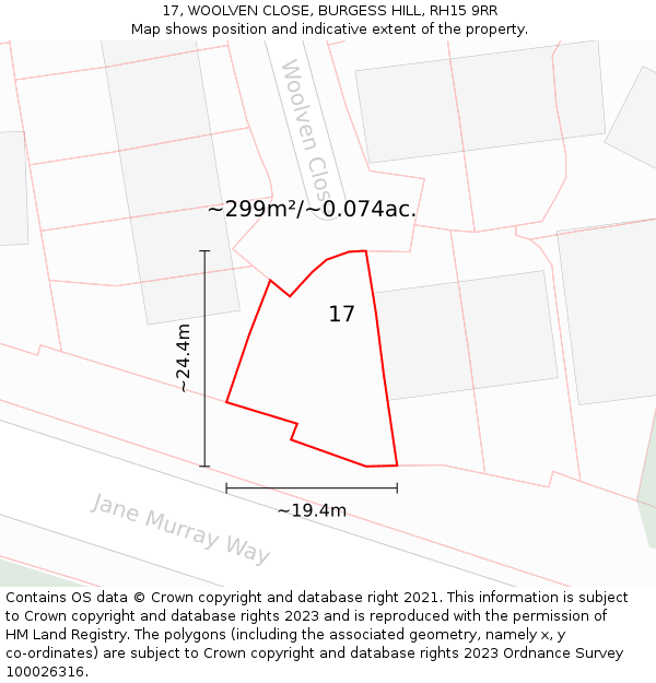 17, WOOLVEN CLOSE, BURGESS HILL, RH15 9RR: Plot and title map