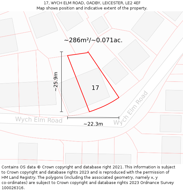 17, WYCH ELM ROAD, OADBY, LEICESTER, LE2 4EF: Plot and title map