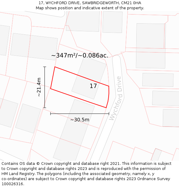 17, WYCHFORD DRIVE, SAWBRIDGEWORTH, CM21 0HA: Plot and title map