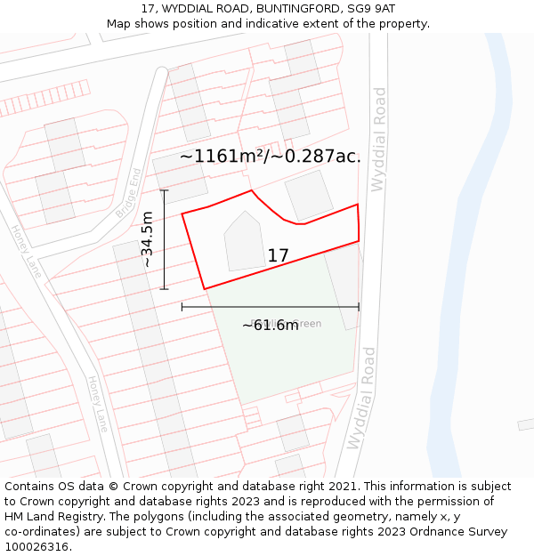 17, WYDDIAL ROAD, BUNTINGFORD, SG9 9AT: Plot and title map