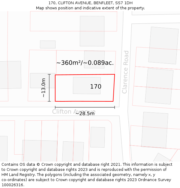 170, CLIFTON AVENUE, BENFLEET, SS7 1DH: Plot and title map