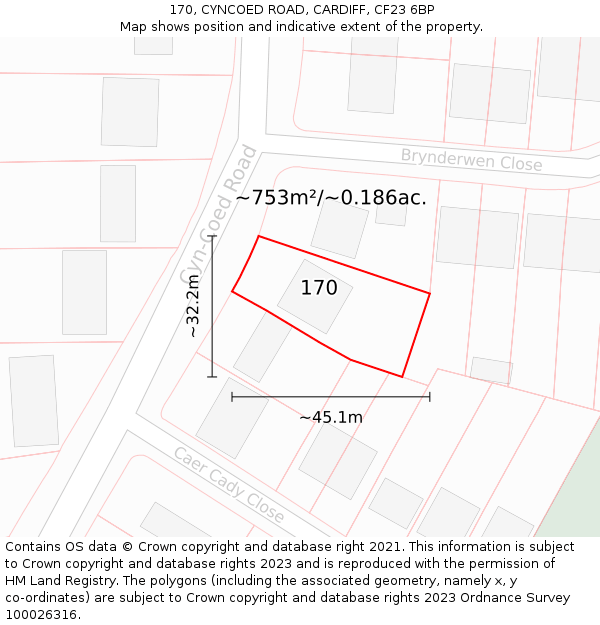 170, CYNCOED ROAD, CARDIFF, CF23 6BP: Plot and title map