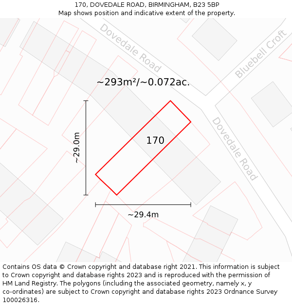 170, DOVEDALE ROAD, BIRMINGHAM, B23 5BP: Plot and title map